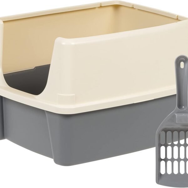 Large Cat Litter Box with High Sides, Open Top, Includes Scoop, 19 x 15 x 11.75 inches, Grey/Beige