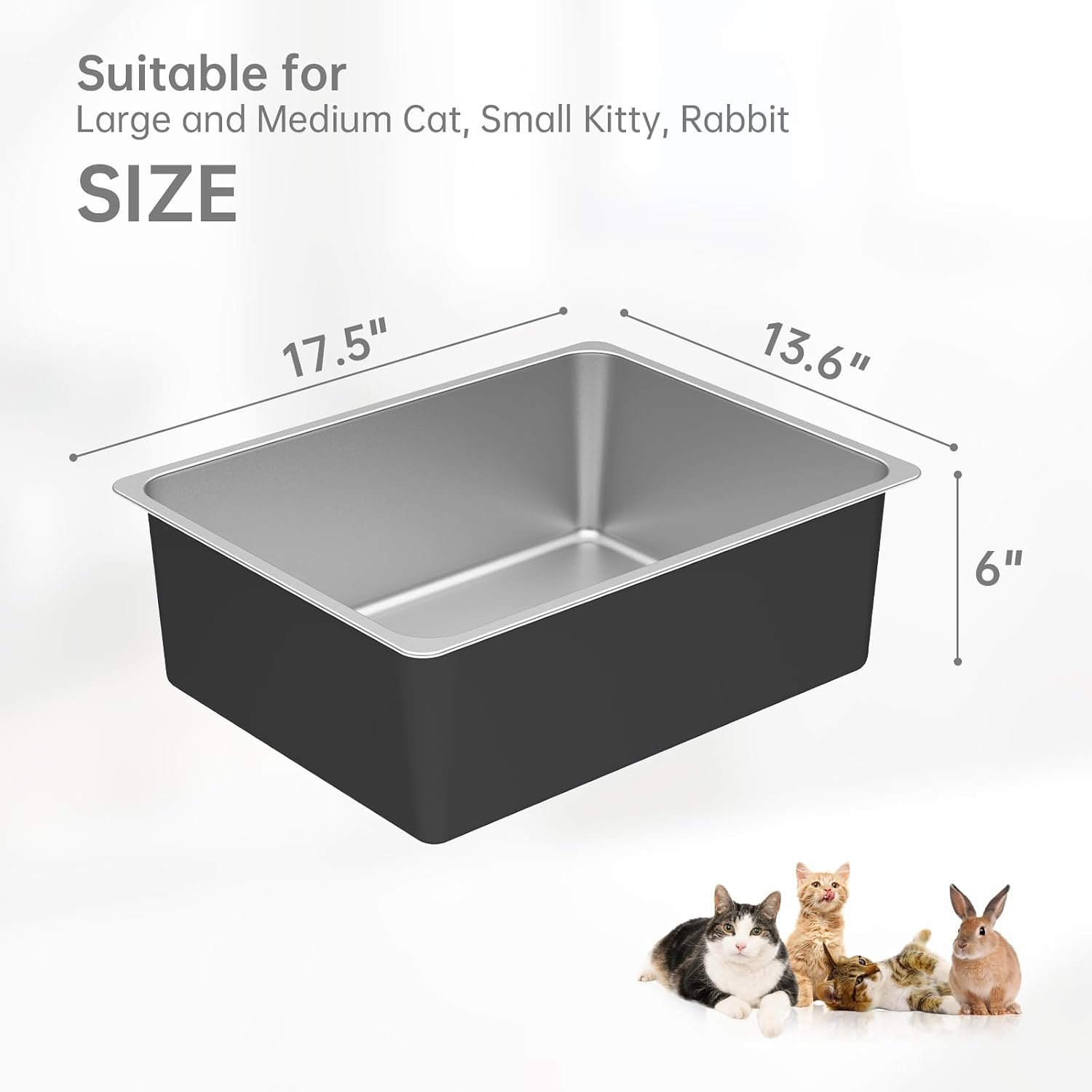 Stainless Steel Litter Box - High Sided Metal Cat Litter Box Pan, Never Absorbs Smell, Easy to Clean Non Stick Cat Litterbox Tray Toilet Pet Supplies for Indoor Kitty, Kitten, Rabbit, Puppy