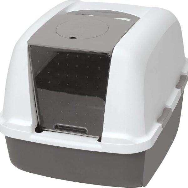 Hooded Litter Pan, Warm Gray/White - Privacy and Easy Access for Cleaning - Ideal for Larger or Multiple Cat Households