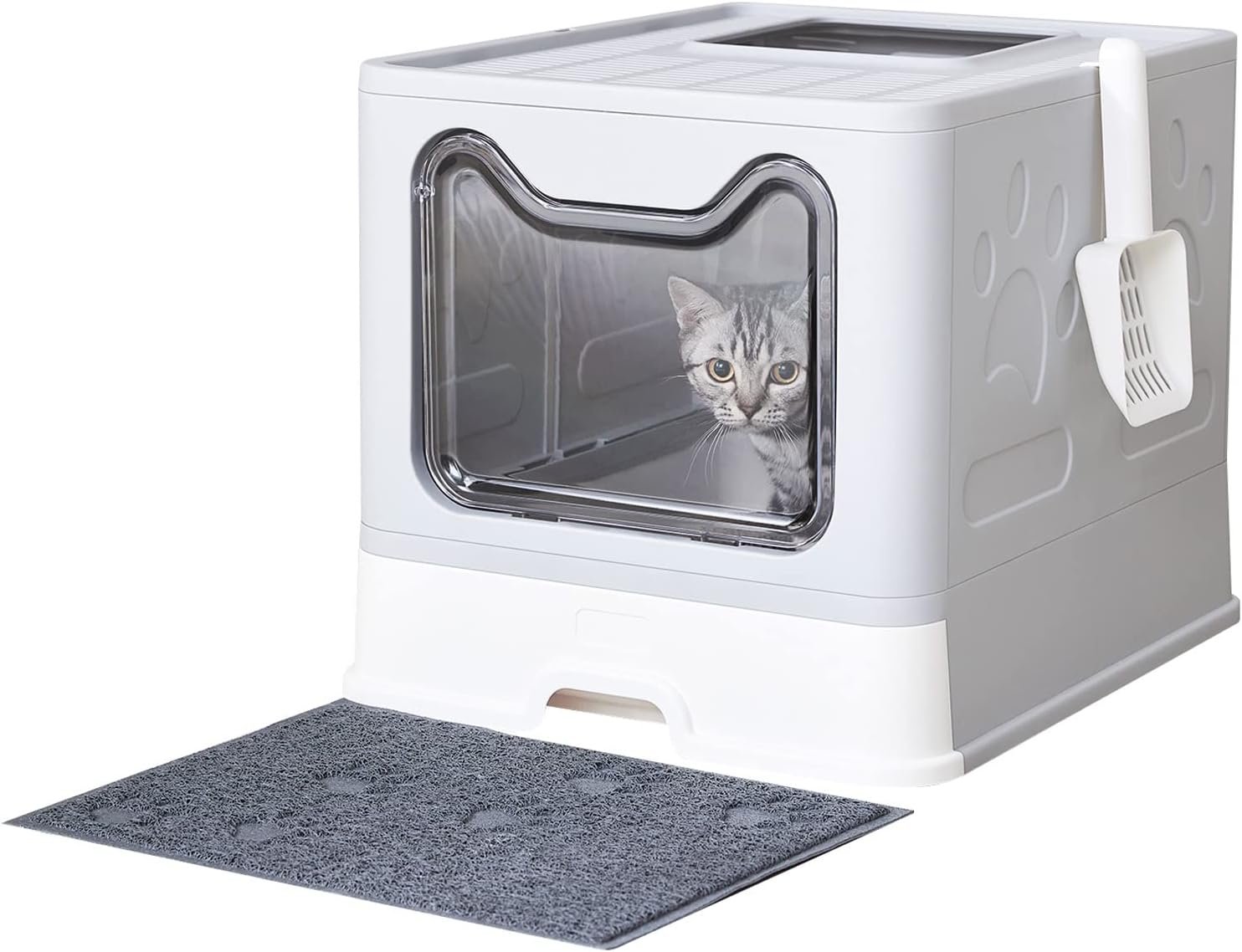 Cat Litter Box with Litter Mat and Scoop, Large Foldable Litter Box with Lid, Front Entry Top Exit Kitty Box, Odor Control, Easy to Clean (Grey)