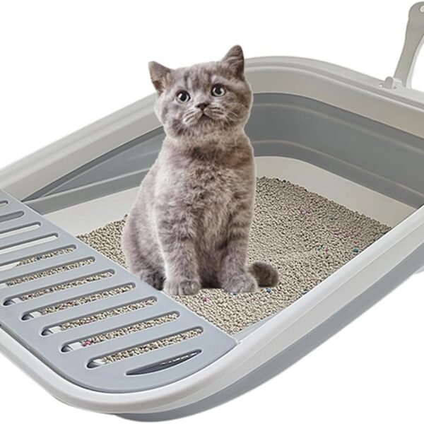 Collapsible Kitten Litter Box, 17.7 x 13.4 x 5 inch Open Cat Potty Pan with Scoop Foldable Shallow Cat Toilet Anti-Splashing Low Entrance Travel Litter Box with Falling Sand Pedal Grey