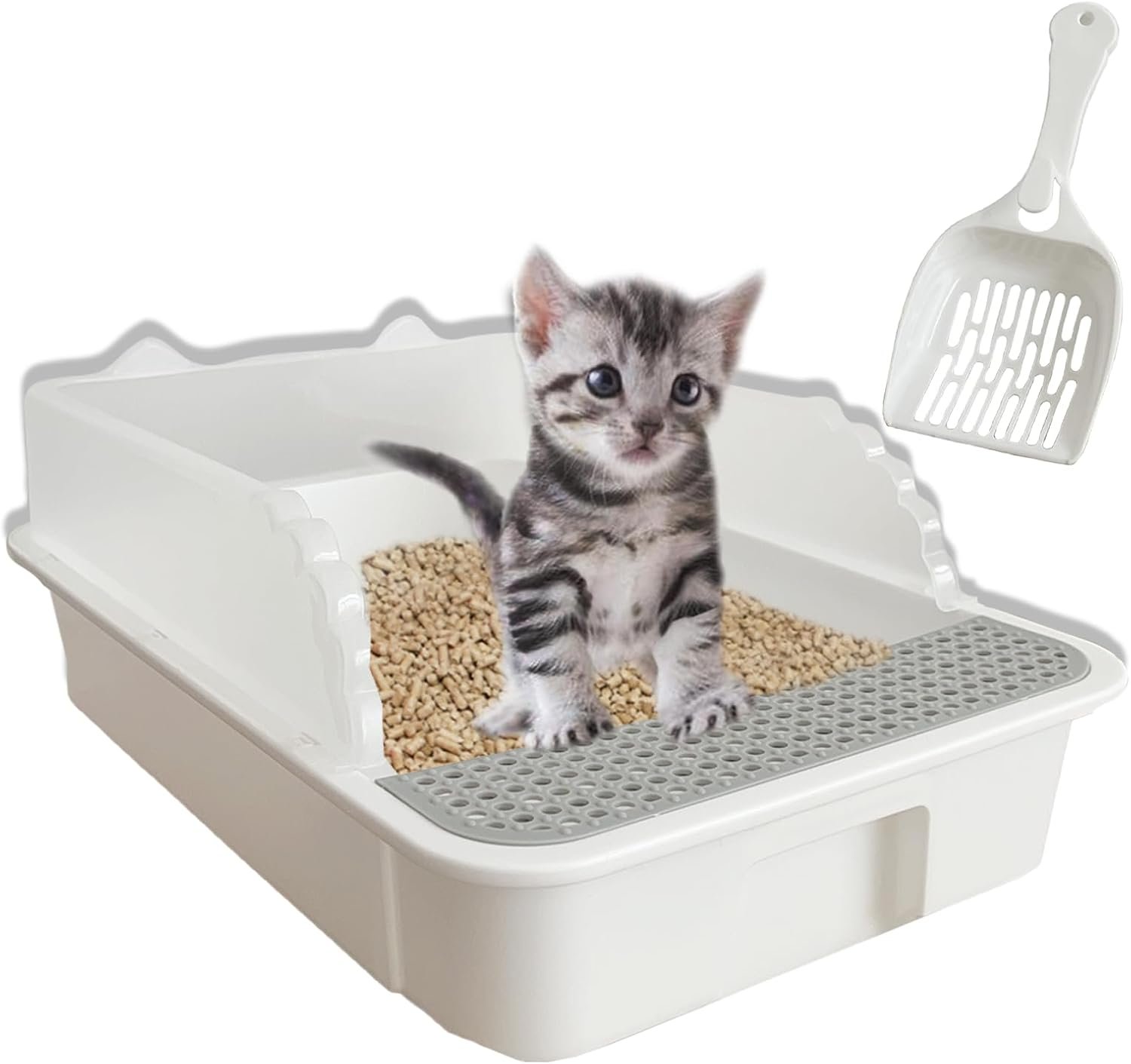 Open Cat Litter Box with High Side,Anti-Splashing Cats Litter Pan,Kitten Toilet with Litter Sifting Scoop,Semi-Enclosed Removable Kittens Litter for Boxes Easy to Clean No Odor 11×17×7 inches