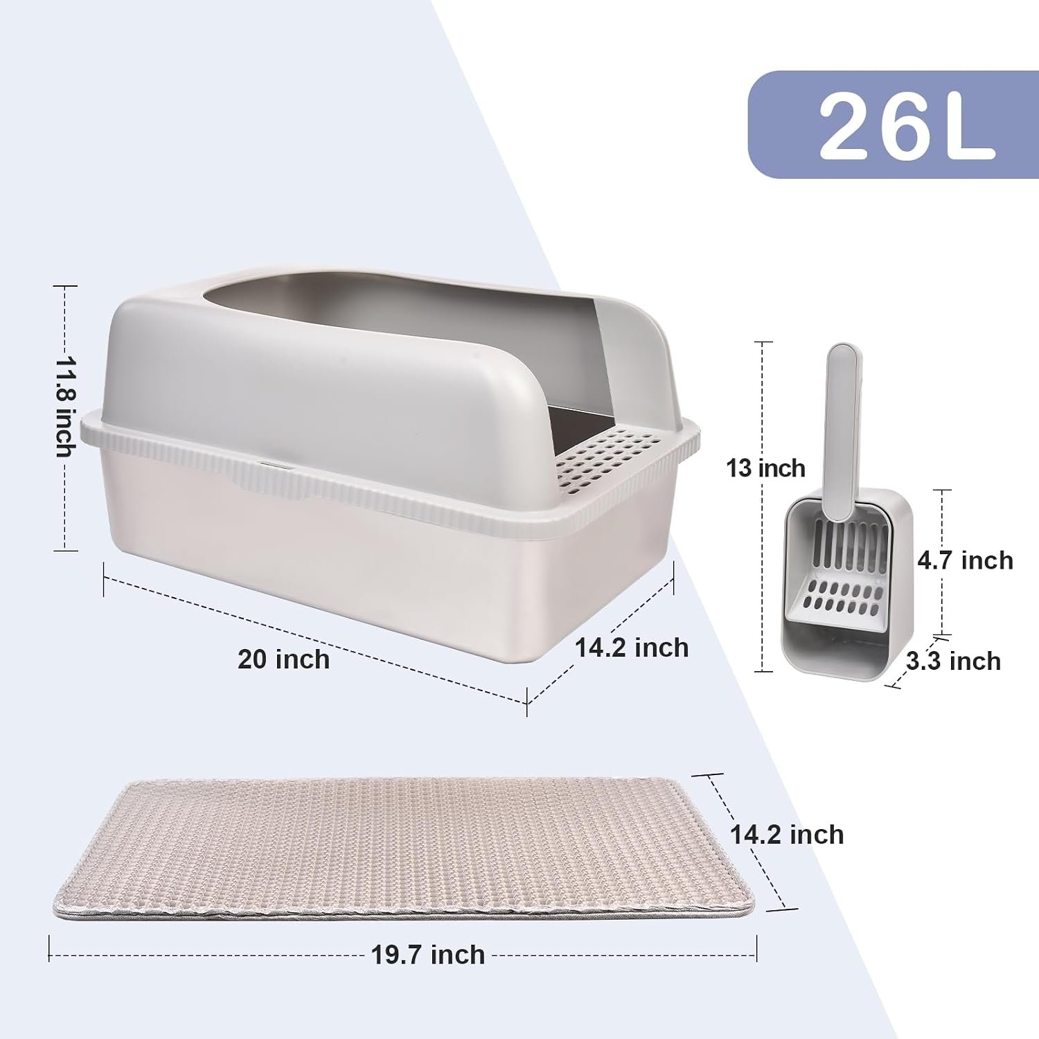Stainless Steel Cat Litter Box with Lid, 20" L x 14.2" W x 11.8" H, Extra Large Litter Box for Big Cats with High Sided, Anti-Urine Leakage, Easy Cleaning, Include Cat Mat and Scoop