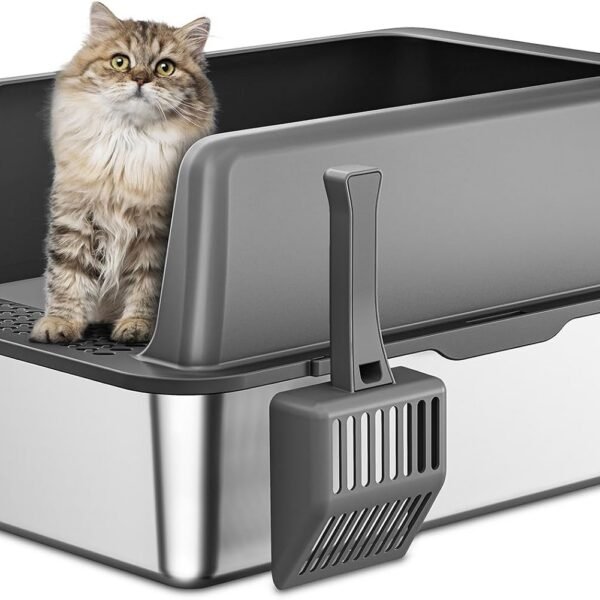 Stainless Steel Litter Box with Lid, Extra Large Cat Litter Boxes, XL Large Metal Litter Box for Big Cats with High Sided, Grey (Non-Sticky, Easy to Clean, Anti-Urine Leakage)