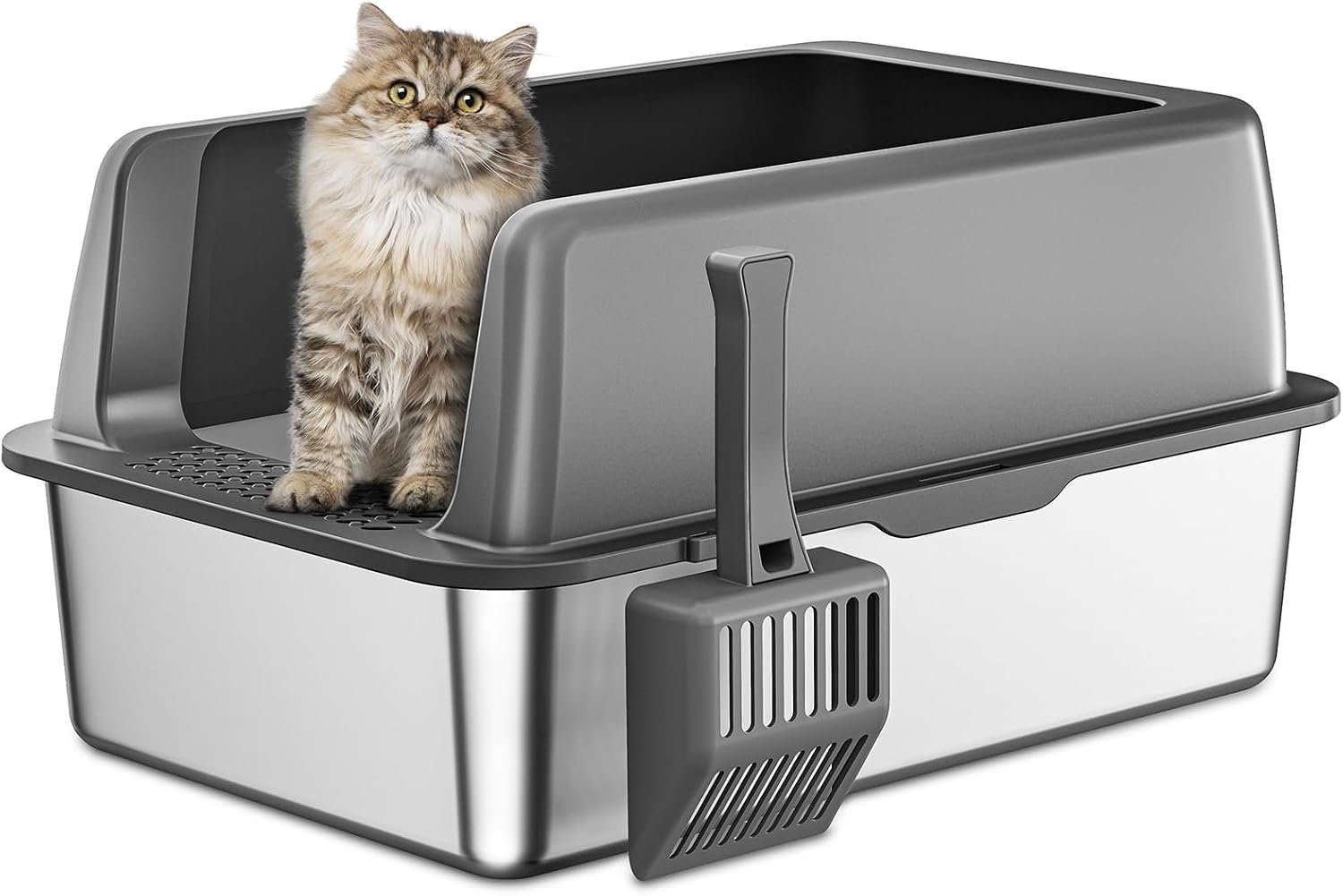 Stainless Steel Litter Box with Lid, Extra Large Cat Litter Boxes, XL Large Metal Litter Box for Big Cats with High Sided, Grey (Non-Sticky, Easy to Clean, Anti-Urine Leakage)