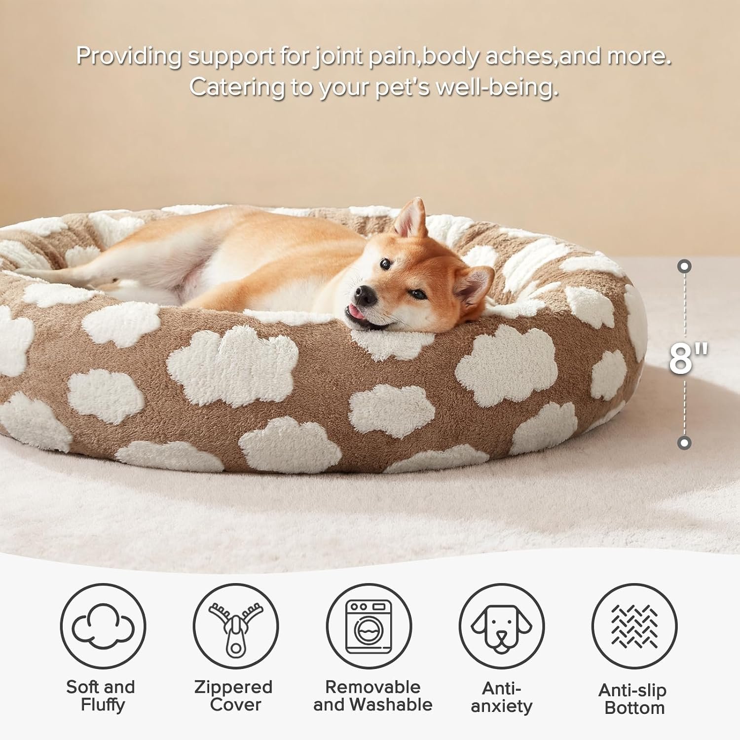 Cute Pet Round Bed - Removable Washable Orthopedic Donut Jacquard Dog Bed