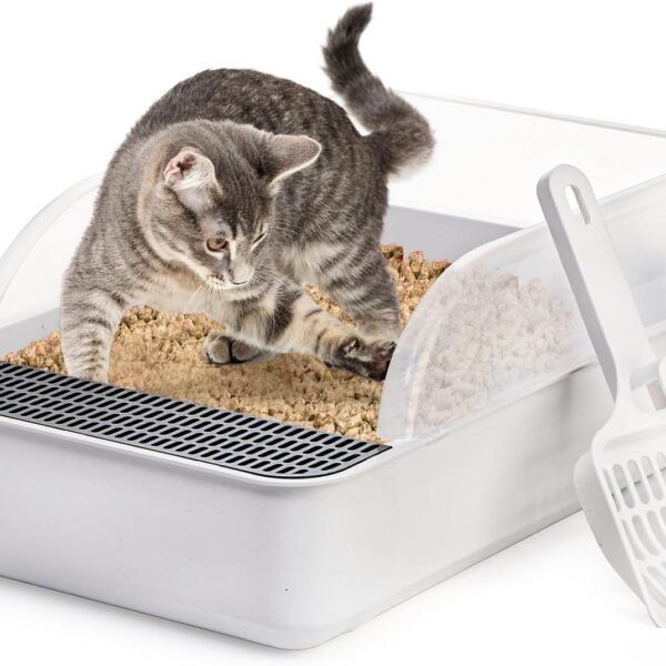 Open Top Cat Litter Box with High Side, Anti-Splashing Cats Litter Pan with with Litter Sifting Scoop, Semi-Closed Detachable Cat Cleaning Basin Kitten Toilet for Small Animal/Rabbit