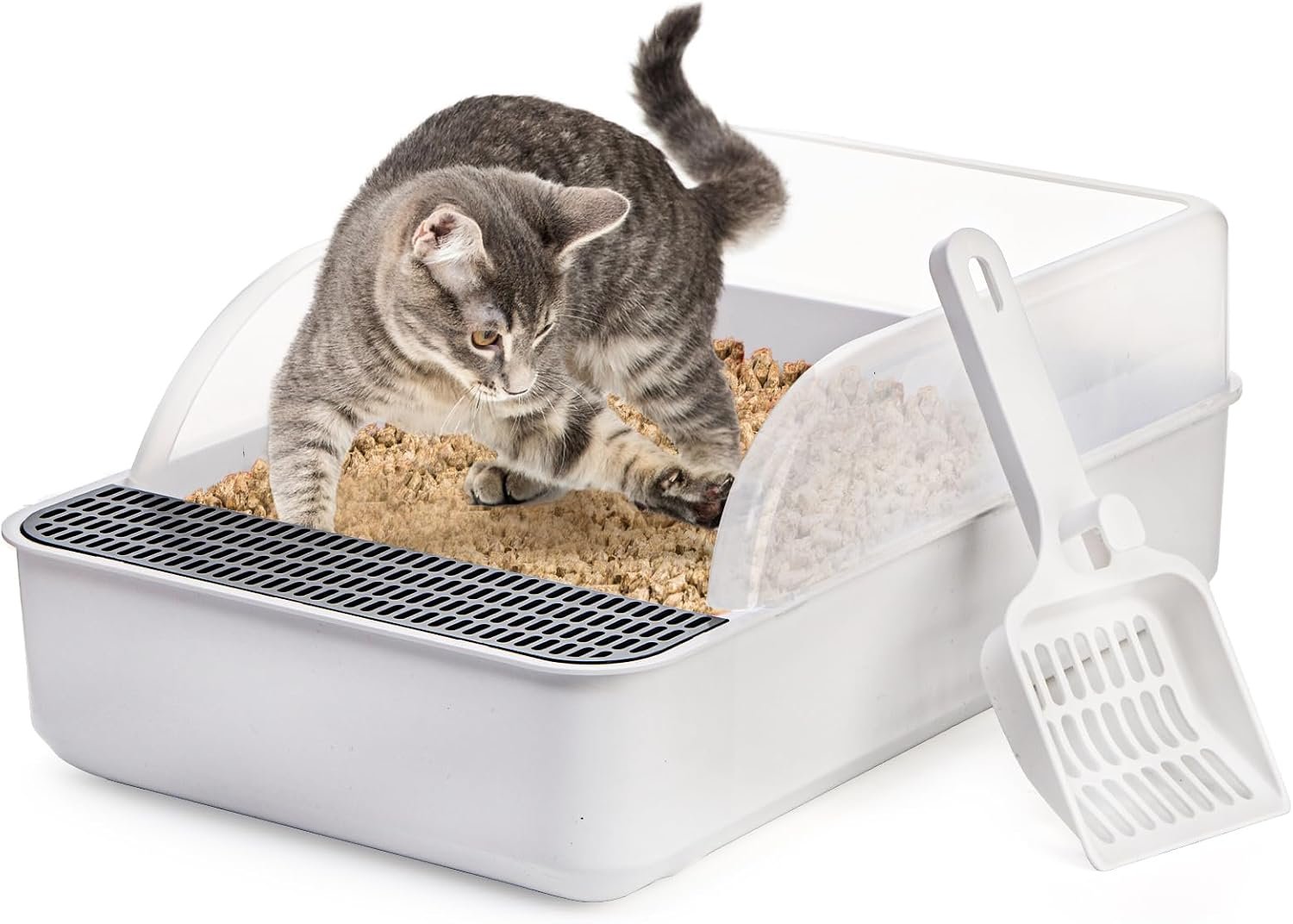 Open Top Cat Litter Box with High Side, Anti-Splashing Cats Litter Pan with with Litter Sifting Scoop, Semi-Closed Detachable Cat Cleaning Basin Kitten Toilet for Small Animal/Rabbit