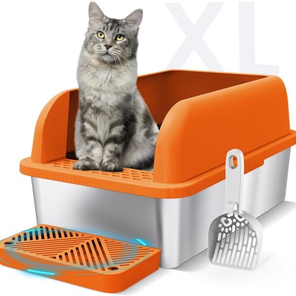 Enclosed Stainless Steel Litter Box with Lid Extra Large Litter Cat Box for Big Cats XL Metal Litter Pan Tray with High Sides Enclosure, Anti-Leakage, Easy Cleaning (Orange)