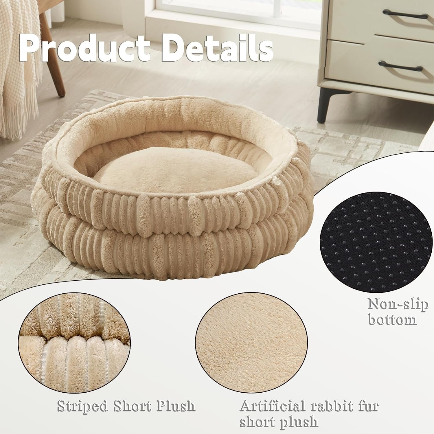 Durable Pet Round Bed - Washable Non-Slip Round Cat Dog Sleeping Bed