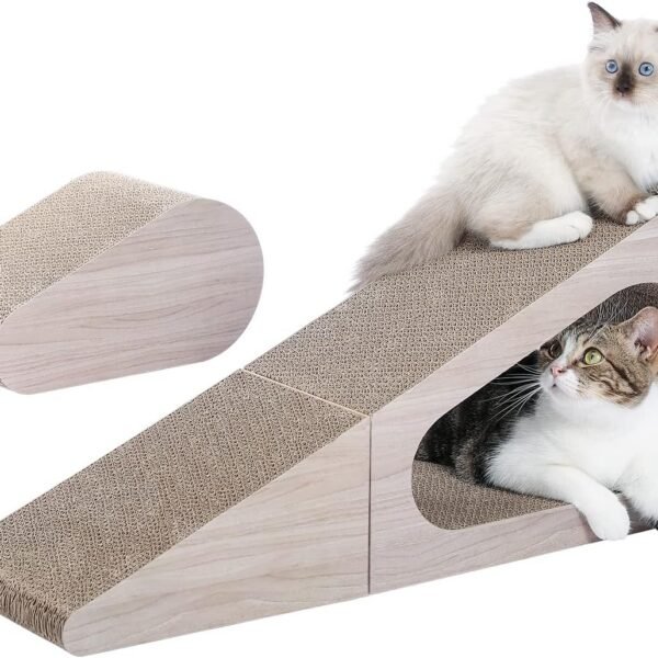 Cat Scratcher, Triangle Cardboard Cat Scratcher 28.3” Large Scratch Pad 2 in 1 Cat Tunnel Scratcher with Interactive Toy Balls for Indoor Cats