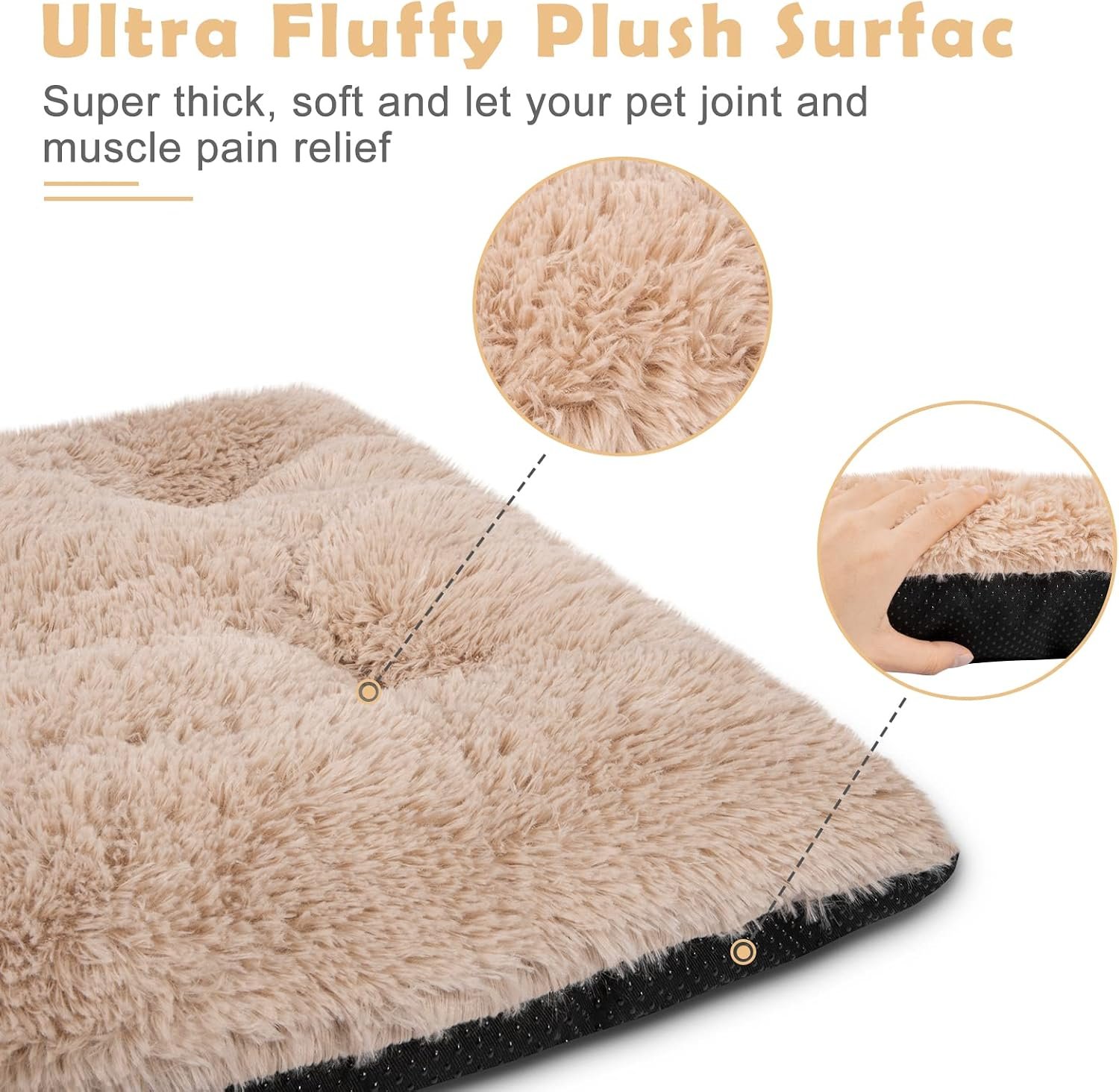 Dog Bed Crate Pad, Deluxe Plush Washable Dog Beds Fulffy Soft Kennel Pad Anti-Slip Pet Sleeping Mat for Small Dogs,23" x 18", Beige
