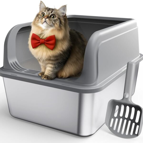 Stainless Steel Cat Litter Box, Metal Kitty Litter Box with Scoop, Anti-Leakage Top Entry, Non-Sticky, Easy to Clean, Grey, M (1 Pack)