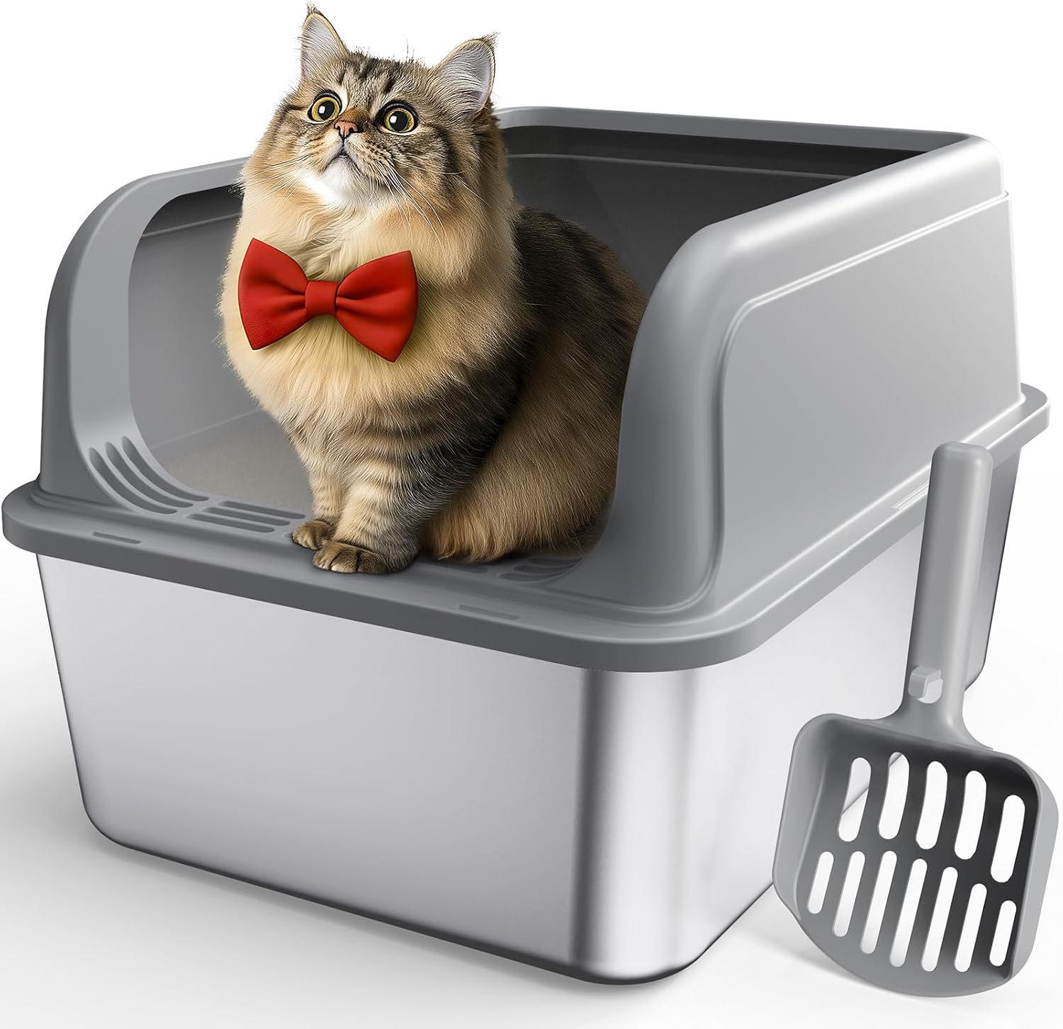 Stainless Steel Cat Litter Box, Metal Kitty Litter Box with Scoop, Anti-Leakage Top Entry, Non-Sticky, Easy to Clean, Grey, M (1 Pack)