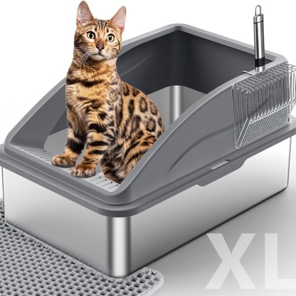 Stainless Steel Litter Box, Extra Large Litter Boxes for Big Cats, XL Metal Cat Litter Box with Lid, Anti-Urine Leakage, Non-Sticky, Include Cat Mat and Litter Scoop