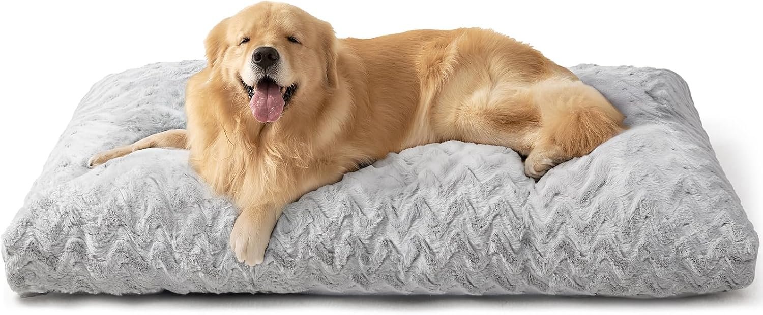 Washable Dog Crate Bed for Large Dogs, Fluffy Pet Kennel Pad Reversible for Doggie and Cats, Plush Faux Fur Pet Sleeping Mattress Mat, 35" x 23"x 3.5", Grey