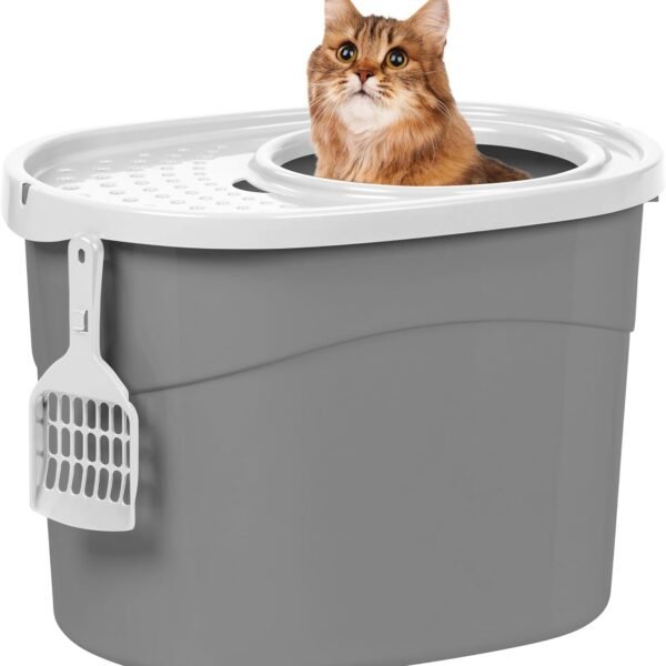 Top Entry Cat Litter Box, Large Enclosed with Litter Catching Lid and Scoop, Dog Proof, Cat Litter Box, Gray/White