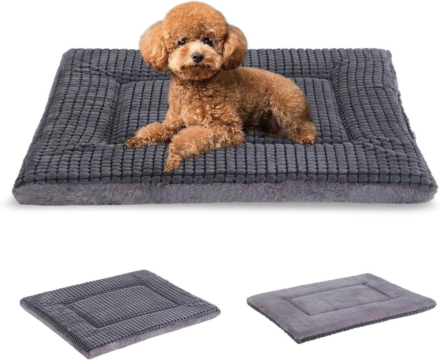 Reversible Dog Crate Pad, Memory Foam Pet Bed Mat, Soft Warm Machine Washable Sleeping Kennel Mattress for Small Medium Dogs XH079 (24''x18''x1.6'',Light Grey)
