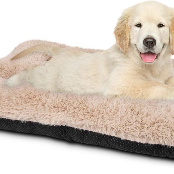 Dog Bed Crate Pad, Deluxe Plush Washable Dog Beds Fulffy Soft Kennel Pad Anti-Slip Pet Sleeping Mat for Small Dogs，23" x 18", Beige