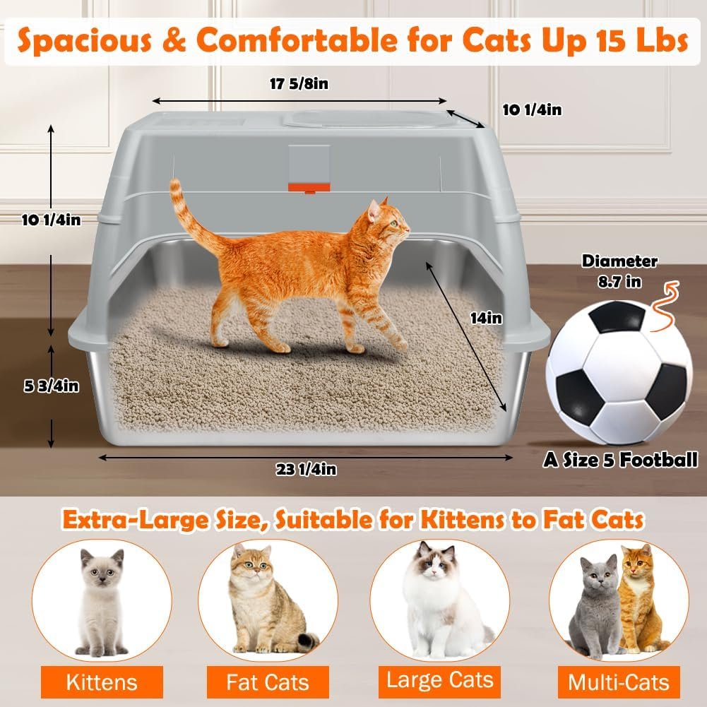 Stainless Steel Litter Box, Top Exit Design, Non Stick, No Smell, Easy Cleaning, Activated Charcoal Odor Control Design, Half/Fully Enclosed Design, Footboard, Trapping Mat & Scoop Included