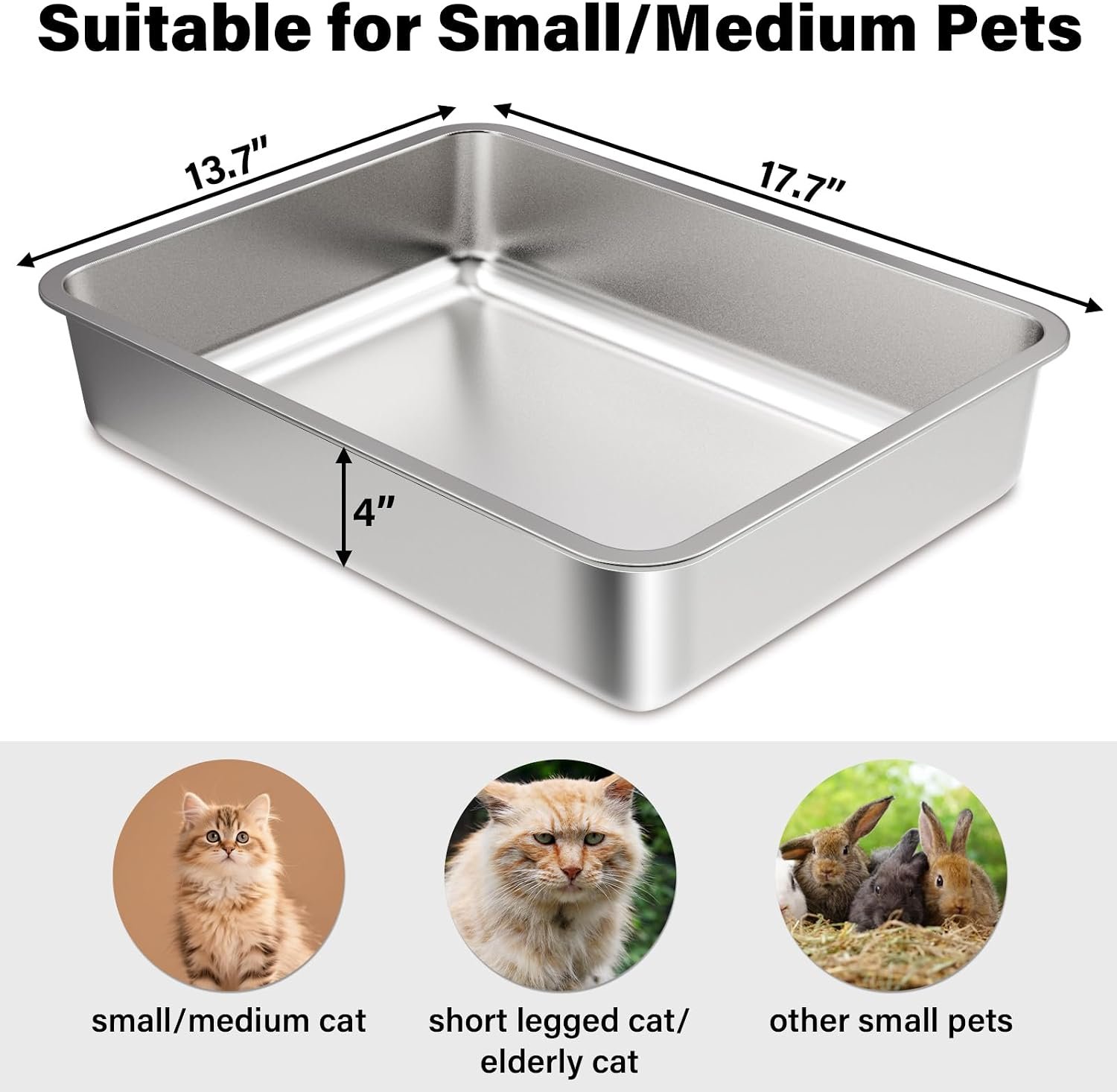 Stainless Steel Litter Box,Small to Medium Litter Box for Kitten 17.7" x 13.7" x 4",Easy Clean Non Stick Easy Entry No Smell Metal Litterbox for Kitty Senior Cat/Rabbits