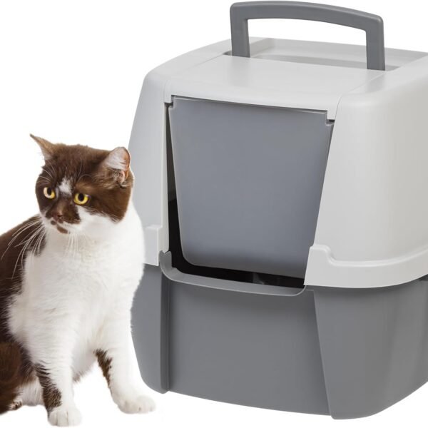 Cat Litter Box with Front Door Flap and Scoop, Covered Kitty Box with Handle and Buckles for Portability and Privacy, Dark Gray