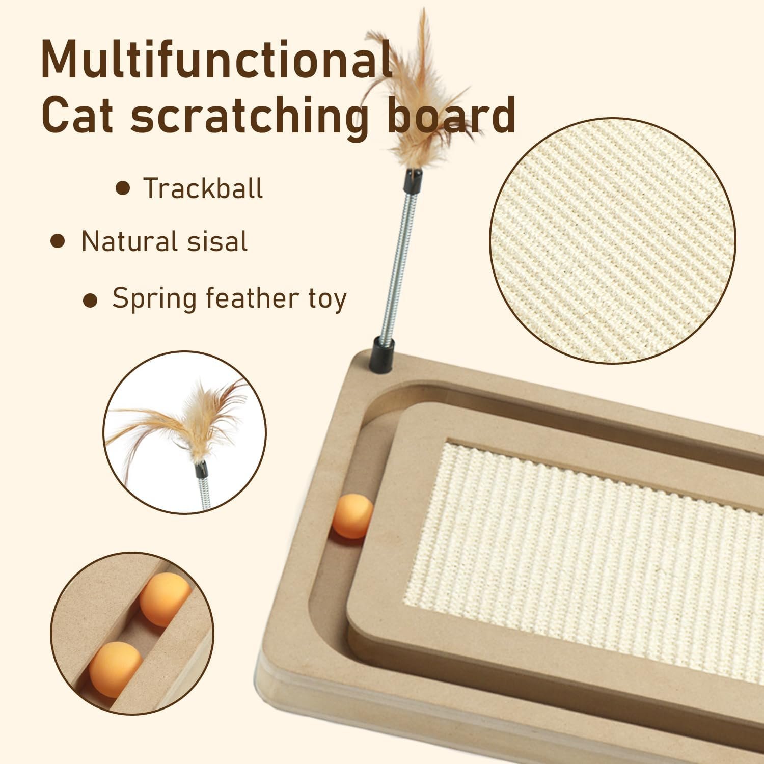 Cat Scratcher,Sisal Scratching Board with Track Ball Interactive Toy and Swing Feather Toys for Indoor Cats and Kittens,Large Heavy Durable