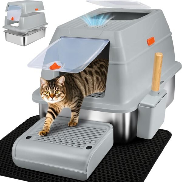 Stainless Steel Litter Box, Top Exit Design, Non Stick, No Smell, Easy Cleaning, Activated Charcoal Odor Control Design, Half/Fully Enclosed Design, Footboard, Trapping Mat & Scoop Included
