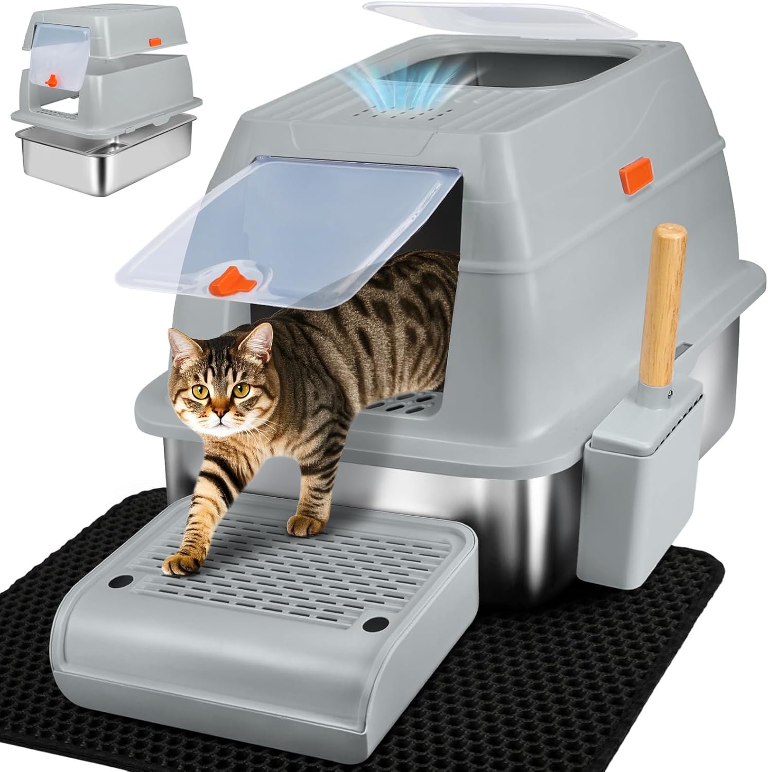 Stainless Steel Litter Box, Top Exit Design, Non Stick, No Smell, Easy Cleaning, Activated Charcoal Odor Control Design, Half/Fully Enclosed Design, Footboard, Trapping Mat & Scoop Included