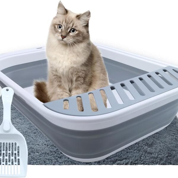 Collapsible Small Cat Litter Box,Open Top Cats Litter Pan with Scoop Waterproof & Foldable Kitten Potty Toilet Anti-Splashing Low Entry Kitty Travel Litter Tray Semi-Enclosed Easy Clean(Gray)