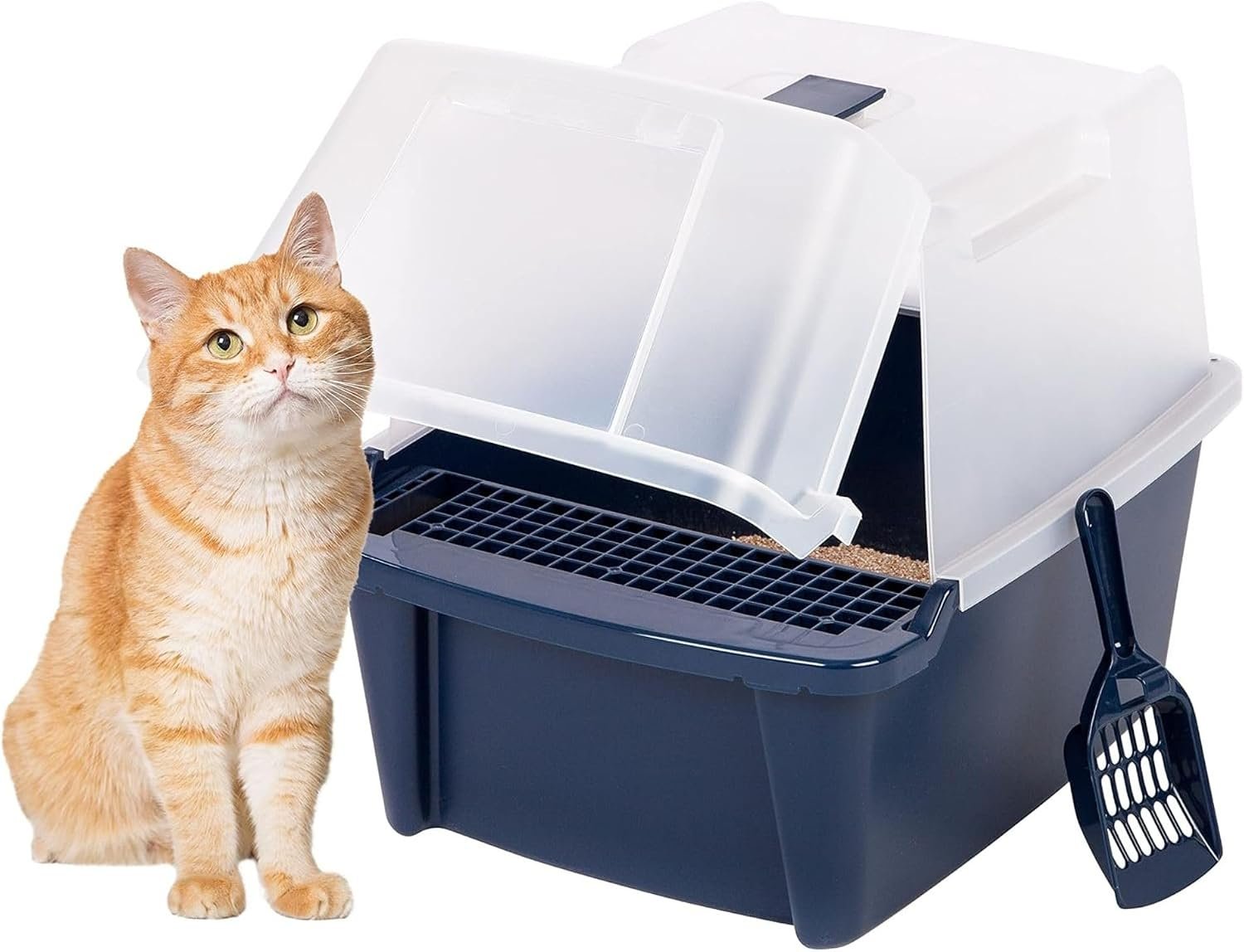 Cat Litter Box, Litter Box Enclosure with Scoop, Split Hood and Front Door Flap, Covered Kitty Litter Box for Privacy, Portable, Easy to Clean, Navy
