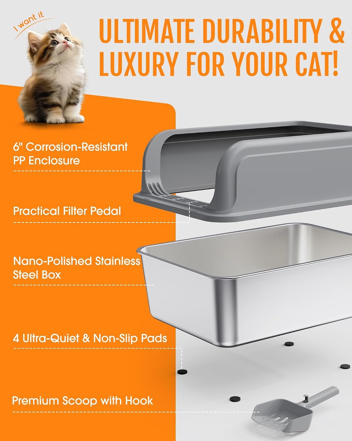Stainless Steel Cat Litter Box, Metal Kitty Litter Box with Scoop, Anti-Leakage Top Entry, Non-Sticky, Easy to Clean, Grey, M (1 Pack)