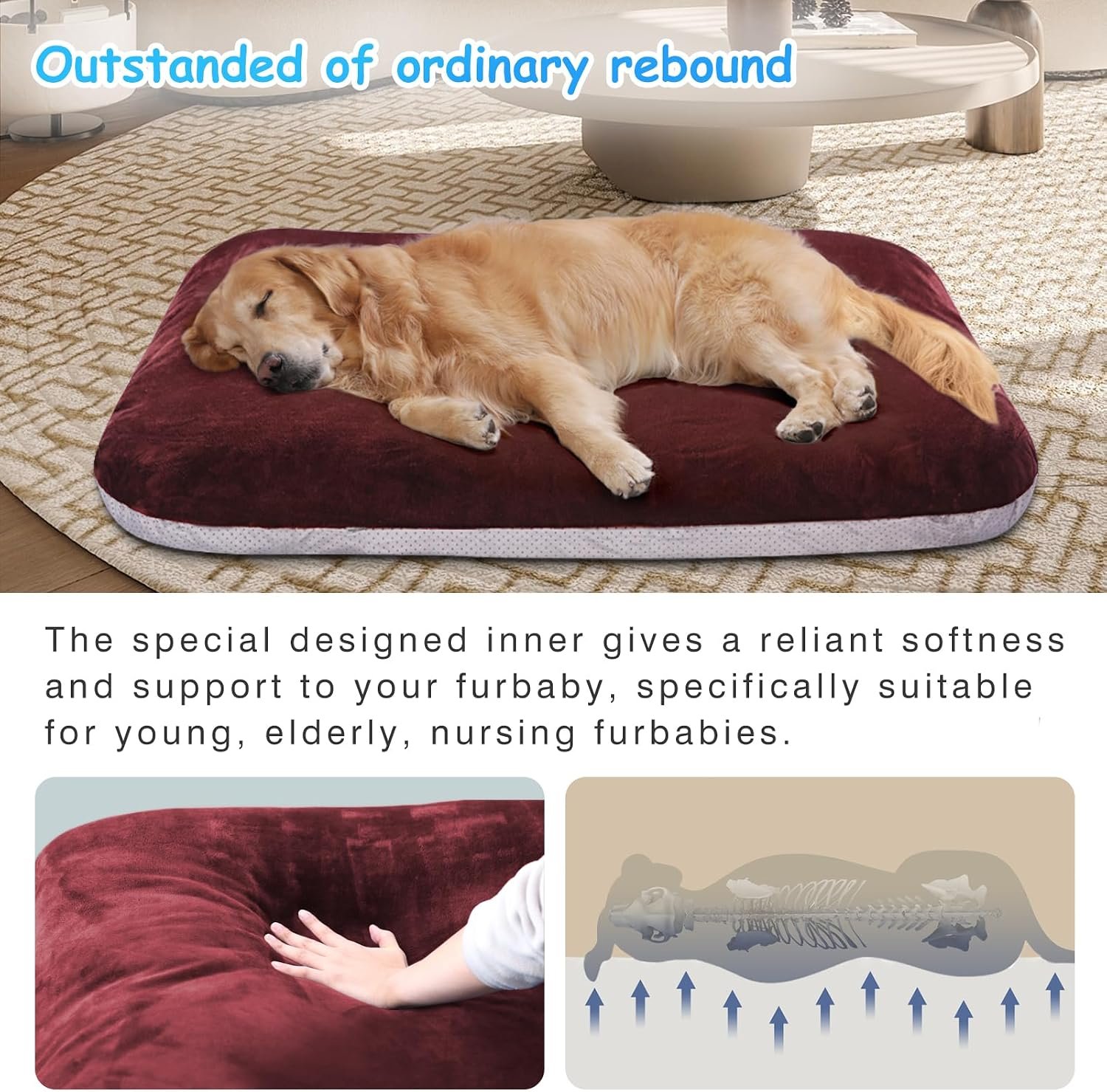 Super Soft Large Dog Bed, 39 Inches Orthopedic Foam Pet Beds with Anti Slip Bottom, Dog Sleeping Mattress with Removable and Washable Cover, Burgundy L,39'' X 33.5'' X 3.7''