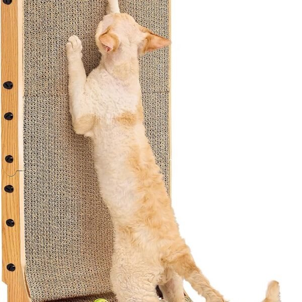 Cardboard Cat Scratcher for Indoor Cats, 32 Inch L Shaped Vertical Cat Scratching Board with Ball Cat Toy, Extra Large Cat Scratcher Pad, Brown