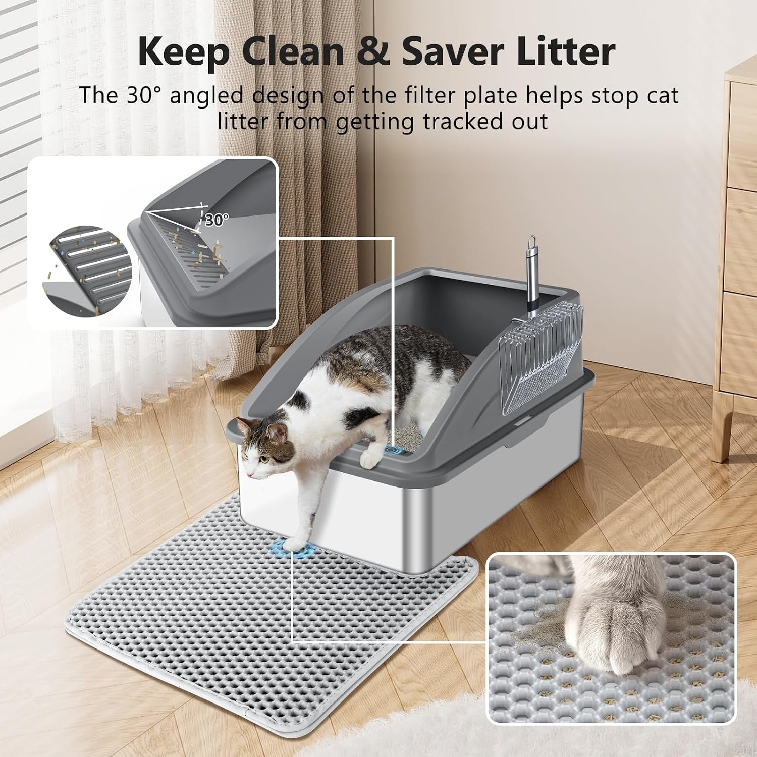 Stainless Steel Litter Box, Extra Large Litter Boxes for Big Cats, XL Metal Cat Litter Box with Lid, Anti-Urine Leakage, Non-Sticky, Include Cat Mat and Litter Scoop