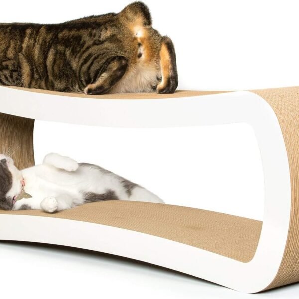 Jumbo Cat Scratcher Lounge, White. 39 x 11 x 14 inch 4 Cardboard Scratching Surfaces and 2 Levels, Scratch, Play, Perch, and Hide100% Recyclable Cardboard Cat Lounge