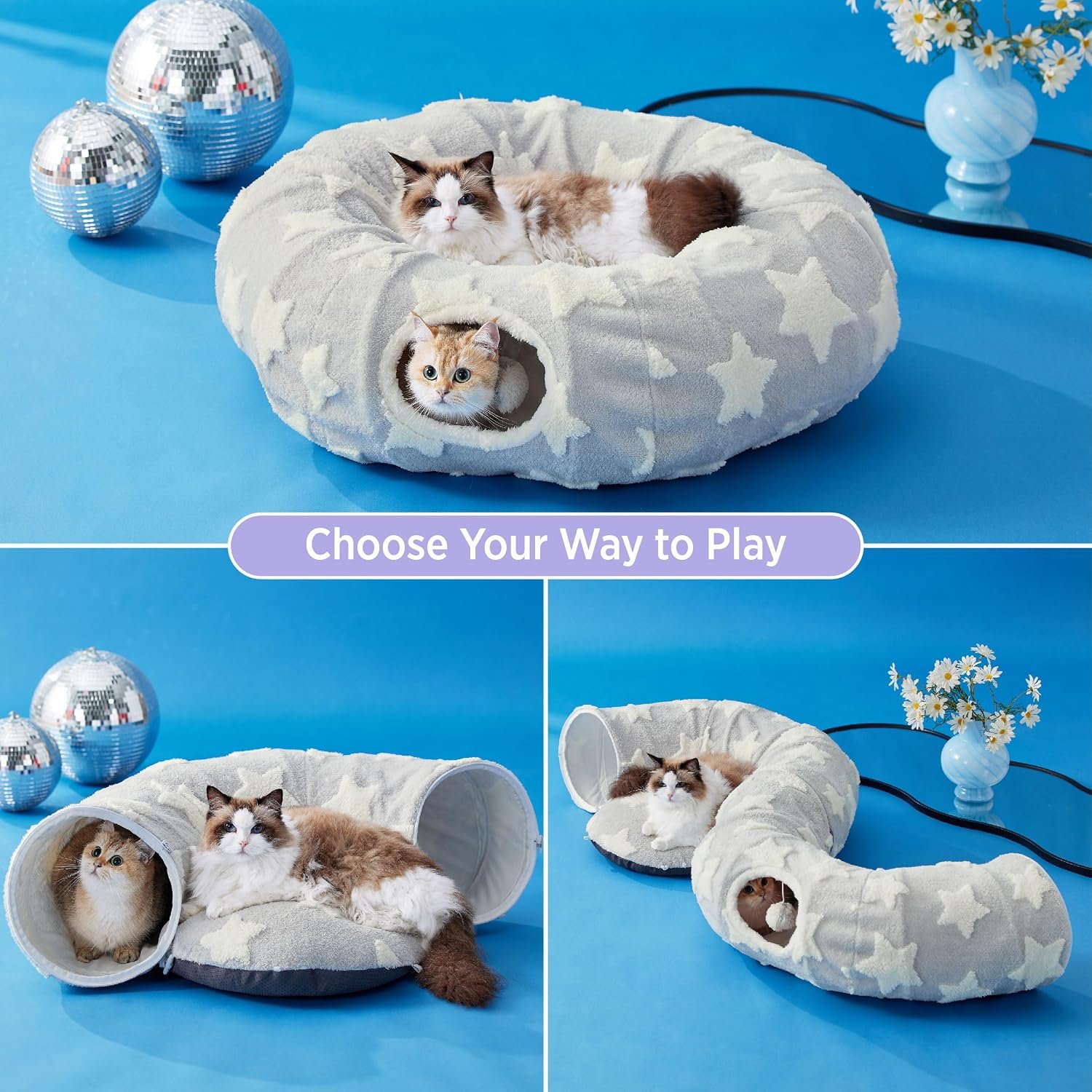 Tunnel Toy Pet Round Bed - Washable Round Hide-and-Seek Cat Bed